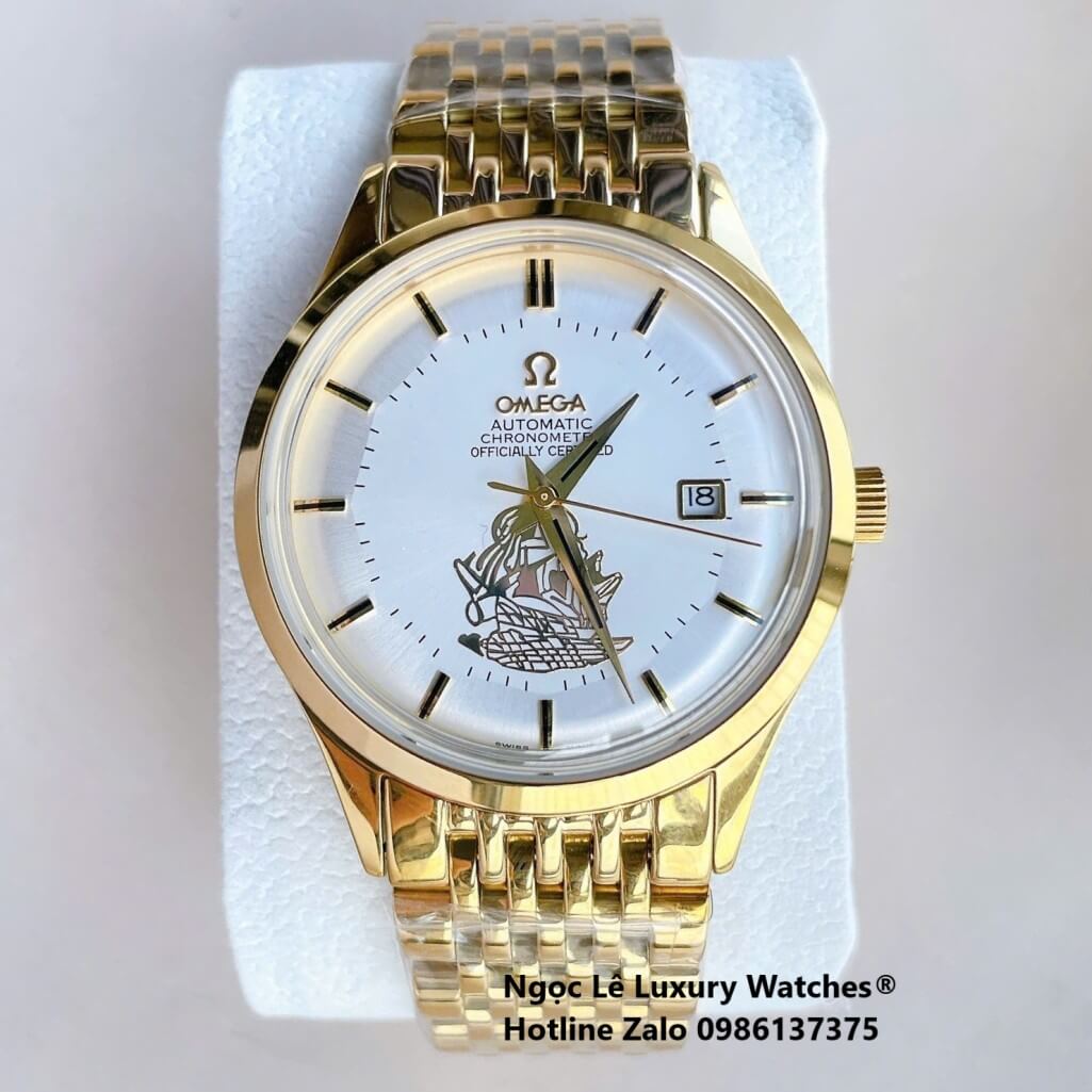 Đồng Hồ Omega Nam Máy Cơ Tự Động Mặt Thuyền Buồm Dây Kim Loại Màu Vàng Mặt Trắng Size 40mm