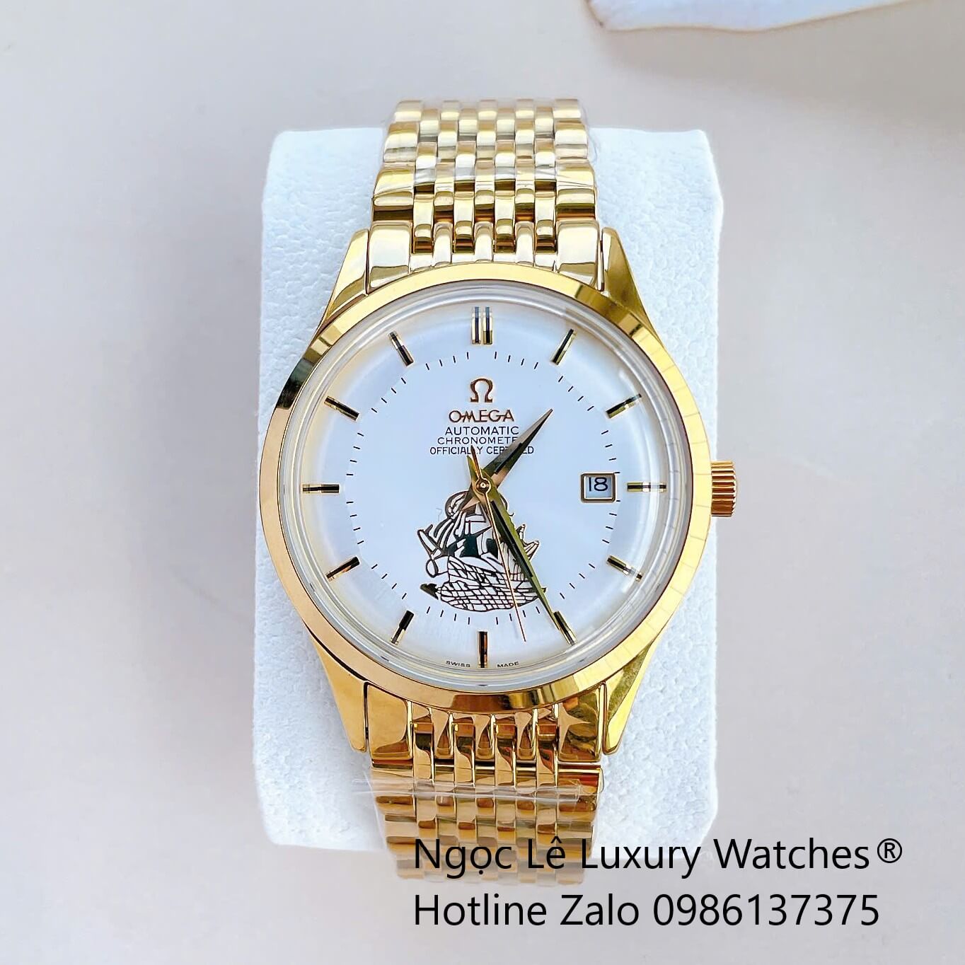 Đồng Hồ Omega Nam Máy Cơ Tự Động Mặt Thuyền Buồm Dây Kim Loại Màu Vàng Mặt Trắng Size 40mm