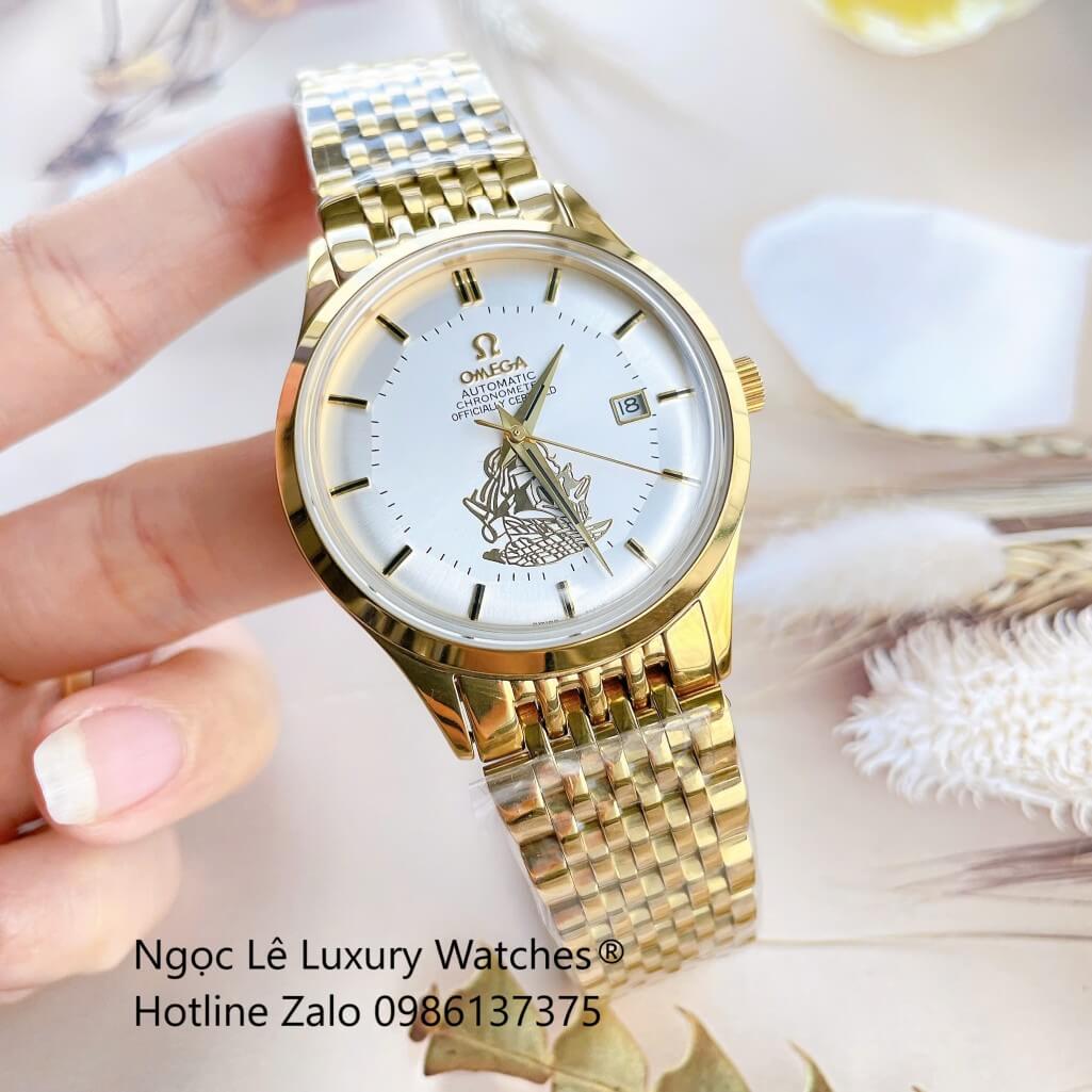 Đồng Hồ Omega Nam Máy Cơ Tự Động Mặt Thuyền Buồm Dây Kim Loại Màu Vàng Mặt Trắng Size 40mm