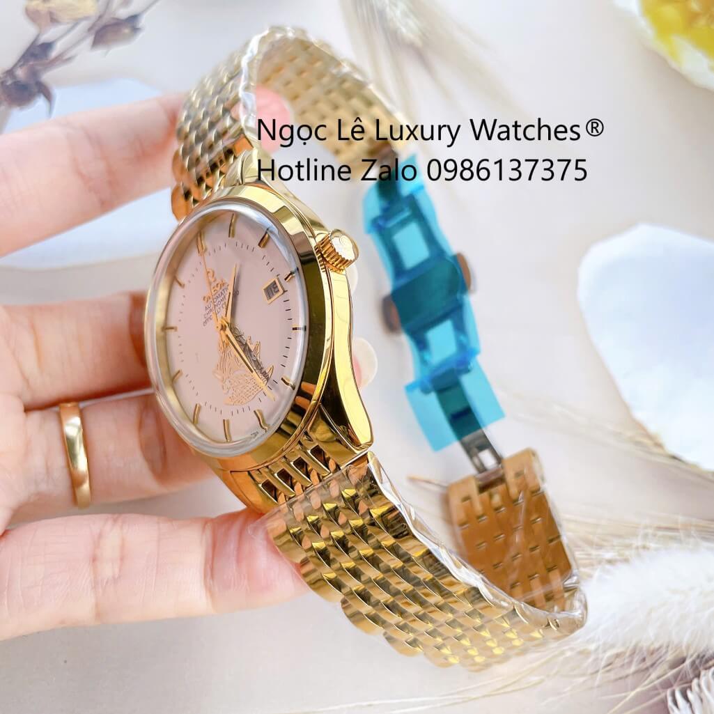 Đồng Hồ Omega Nam Máy Cơ Tự Động Mặt Thuyền Buồm Dây Kim Loại Màu Vàng Mặt Trắng Size 40mm