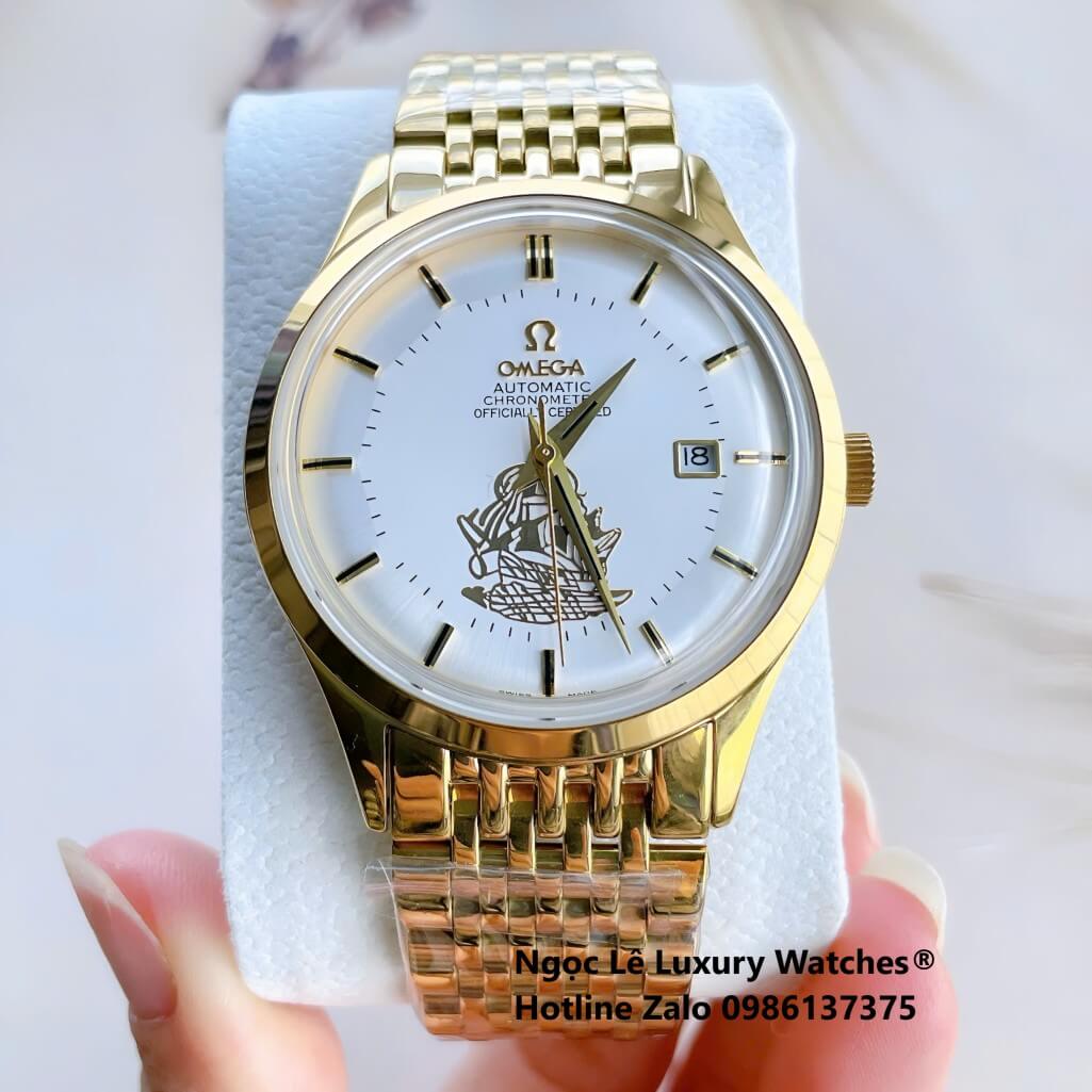 Đồng Hồ Omega Nam Máy Cơ Tự Động Mặt Thuyền Buồm Dây Kim Loại Màu Vàng Mặt Trắng Size 40mm