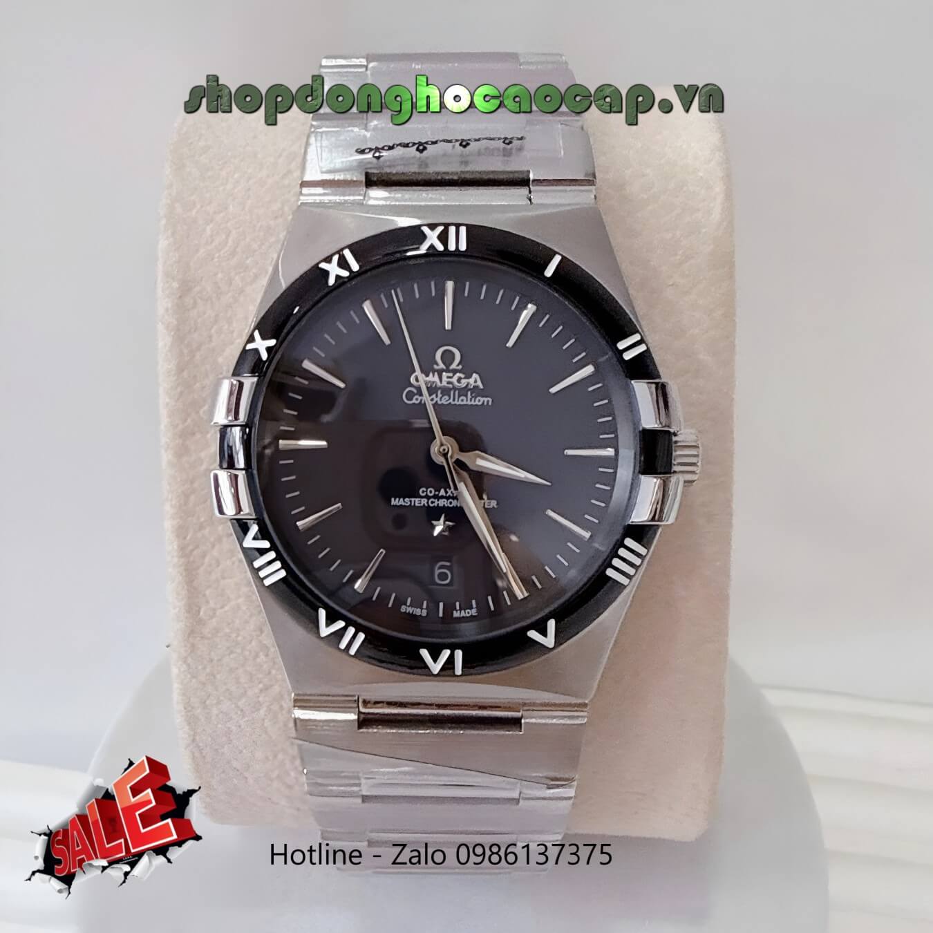 Đồng Hồ Nam Omega Constellation Tự Động Dây Kim Loại Bạc Mặt Đen Viền Đen Size 40mm