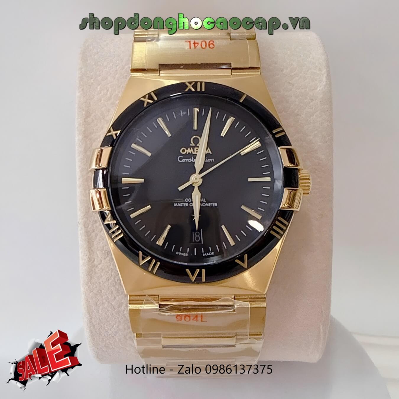 Đồng Hồ Nam Omega Constellation Tự Động Dây Kim Loại Vàng Mặt Đen Viền Đen Size 40mm