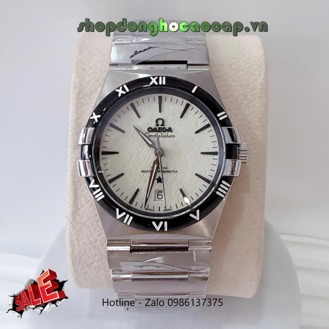 Đồng Hồ Nam Omega Constellation Tự Động Dây Kim Loại Bạc Mặt Trắng Viền Đen Size 40mm