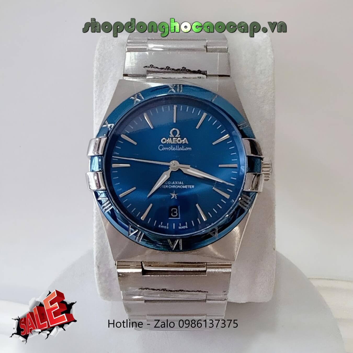 Đồng Hồ Nam Omega Constellation Tự Động Dây Kim Loại Bạc Mặt Xanh Dương Size 40mm