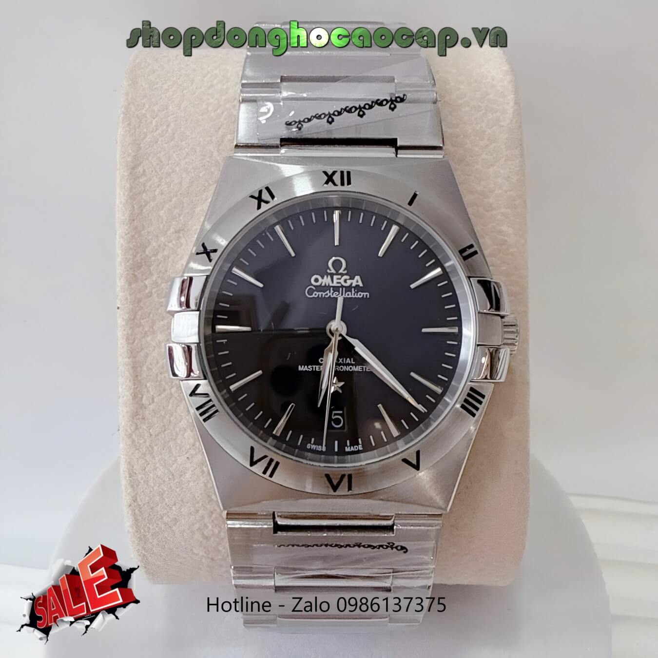 Đồng Hồ Nam Omega Constellation Tự Động Dây Kim Loại Bạc Mặt Đen Size 40mm