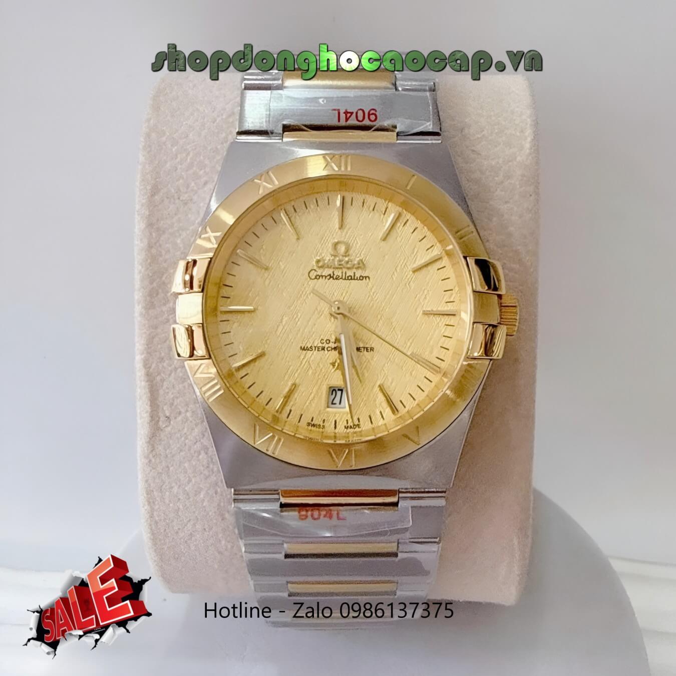 Đồng Hồ Nam Omega Constellation Tự Động Dây Kim Loại Demi Vàng Mặt Vàng Size 40mm