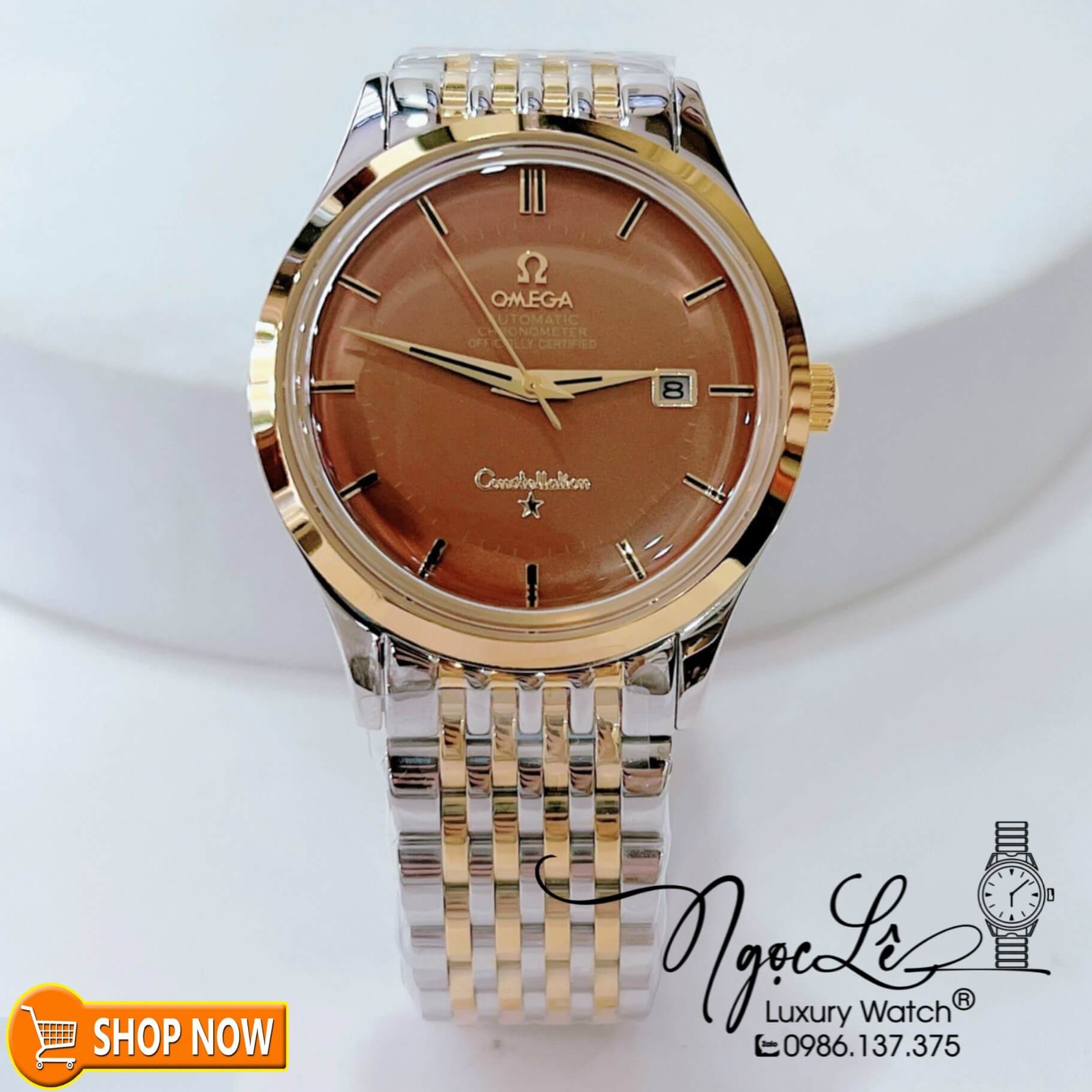 Đồng Hồ Omega Nam Máy Cơ Tự Động Dây Kim Loại Màu Demi Vàng Mặt Nâu Size 40mm