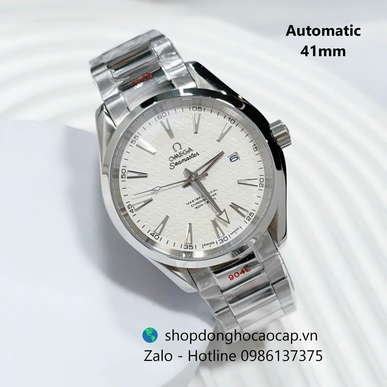 Đồng hồ Omega Seamaster Aqua Terra dây thép bạc mặt trắng size 41mm, Omega nam máy cơ tự động