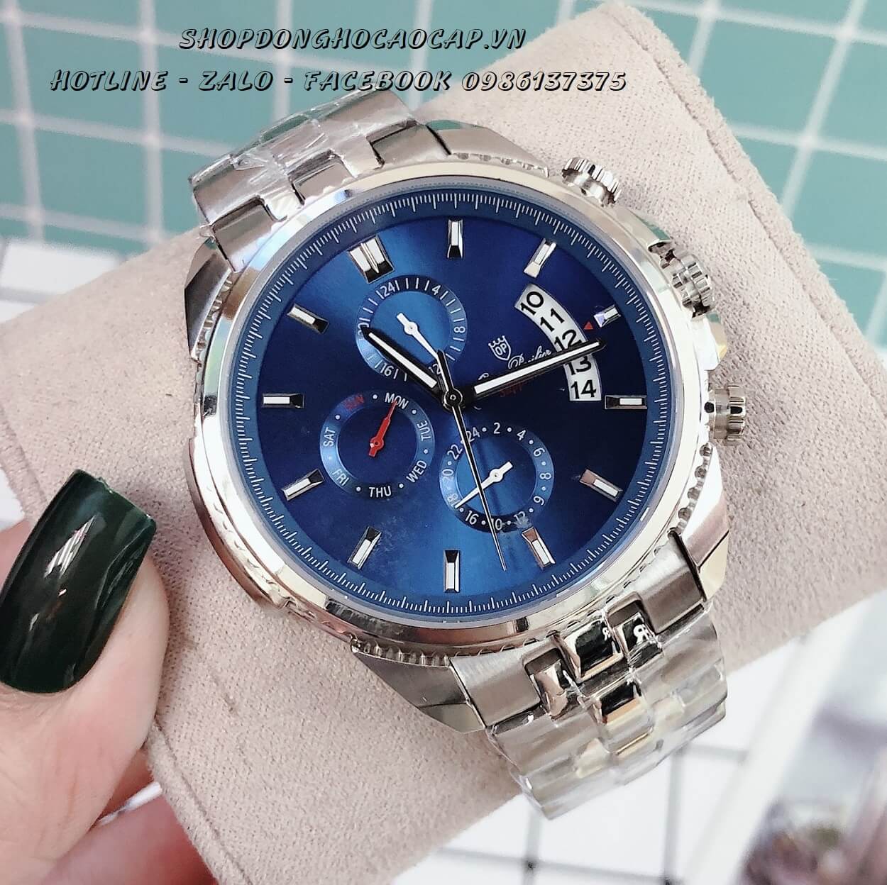 Đồng Hồ OP Nam 6 Kim Bạc Mặt Xanh 42mm