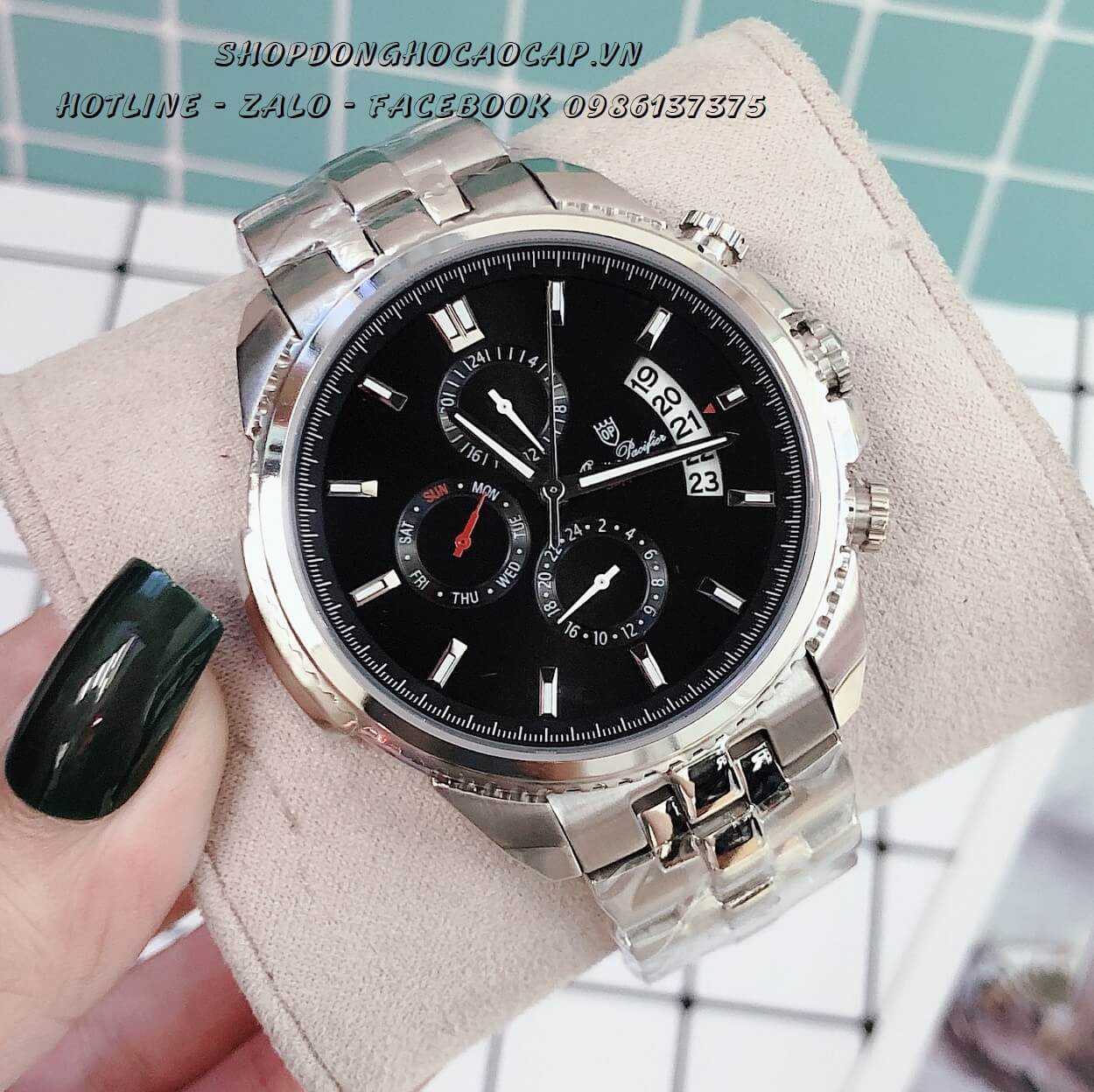 Đồng Hồ OP Nam 6 Kim Bạc Mặt Đen 42mm
