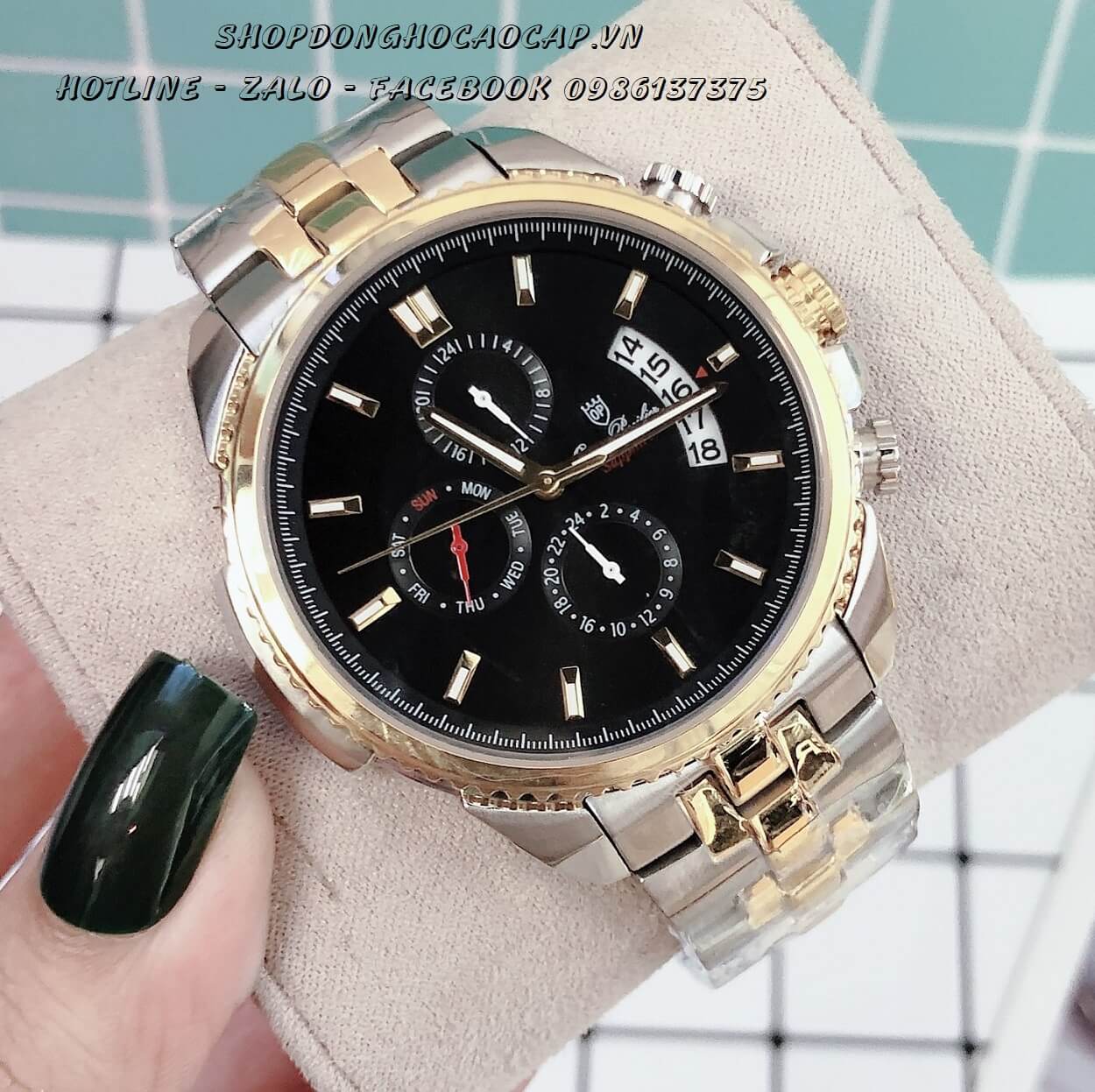 Đồng Hồ OP Nam 6 Kim Demi Mặt Đen 42mm