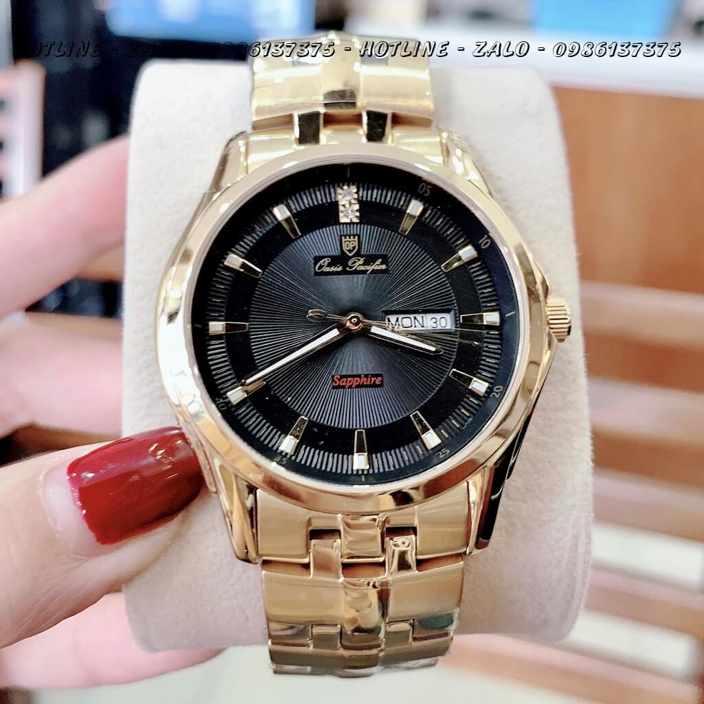 Đồng Hồ OP Nam 3 Kim Vàng Mặt Đen 40mm Sapphire