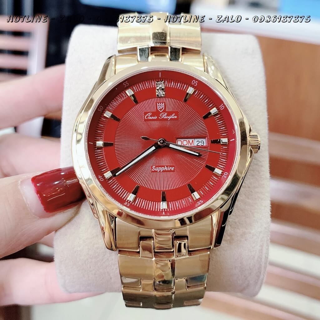 Đồng Hồ OP Nam 3 Kim Vàng Mặt Đỏ 40mm Sapphire