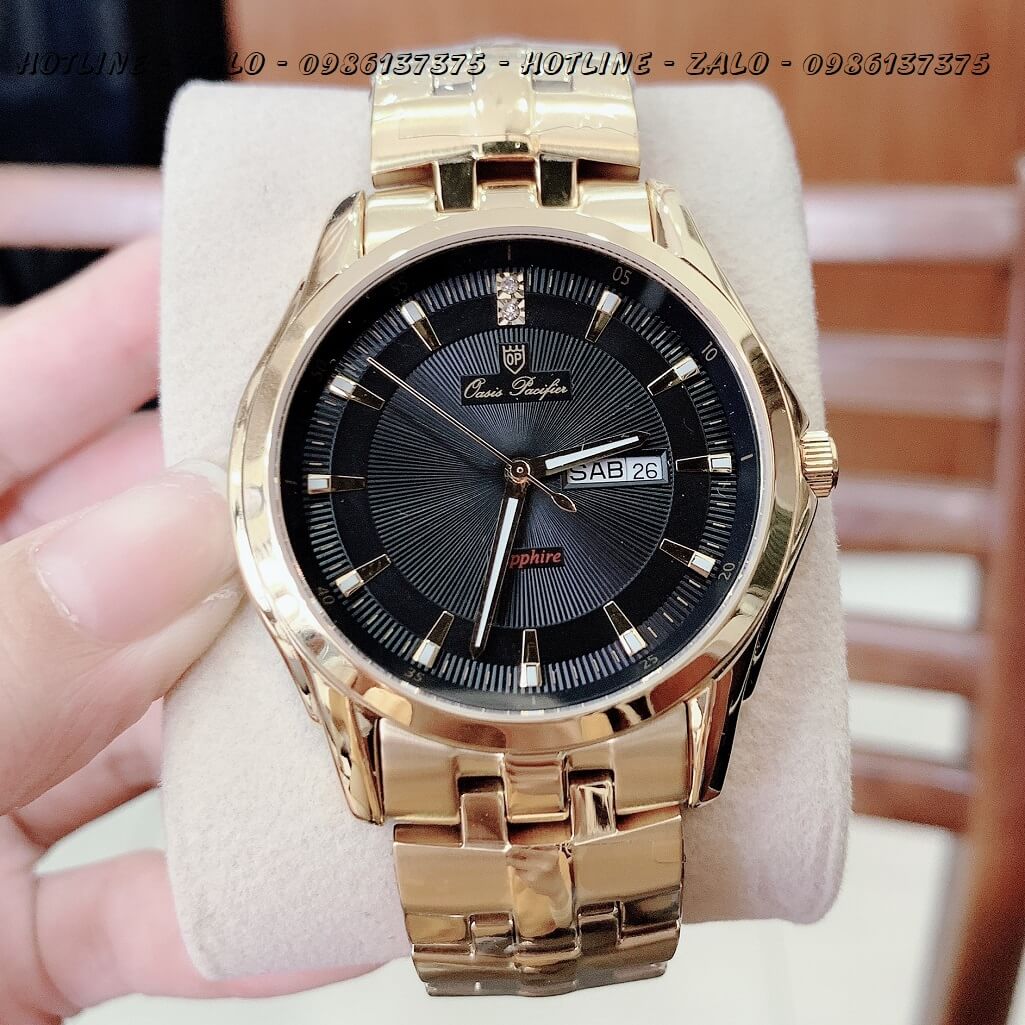 Đồng Hồ OP Nam 3 Kim Vàng Mặt Đen 40mm Sapphire