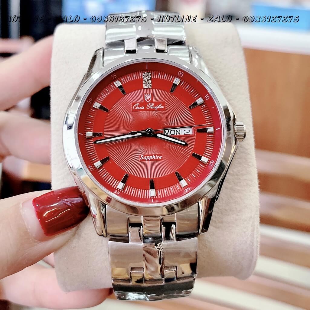 Đồng Hồ OP Nam 3 Kim Bạc Mặt Đỏ 40mm Sapphire