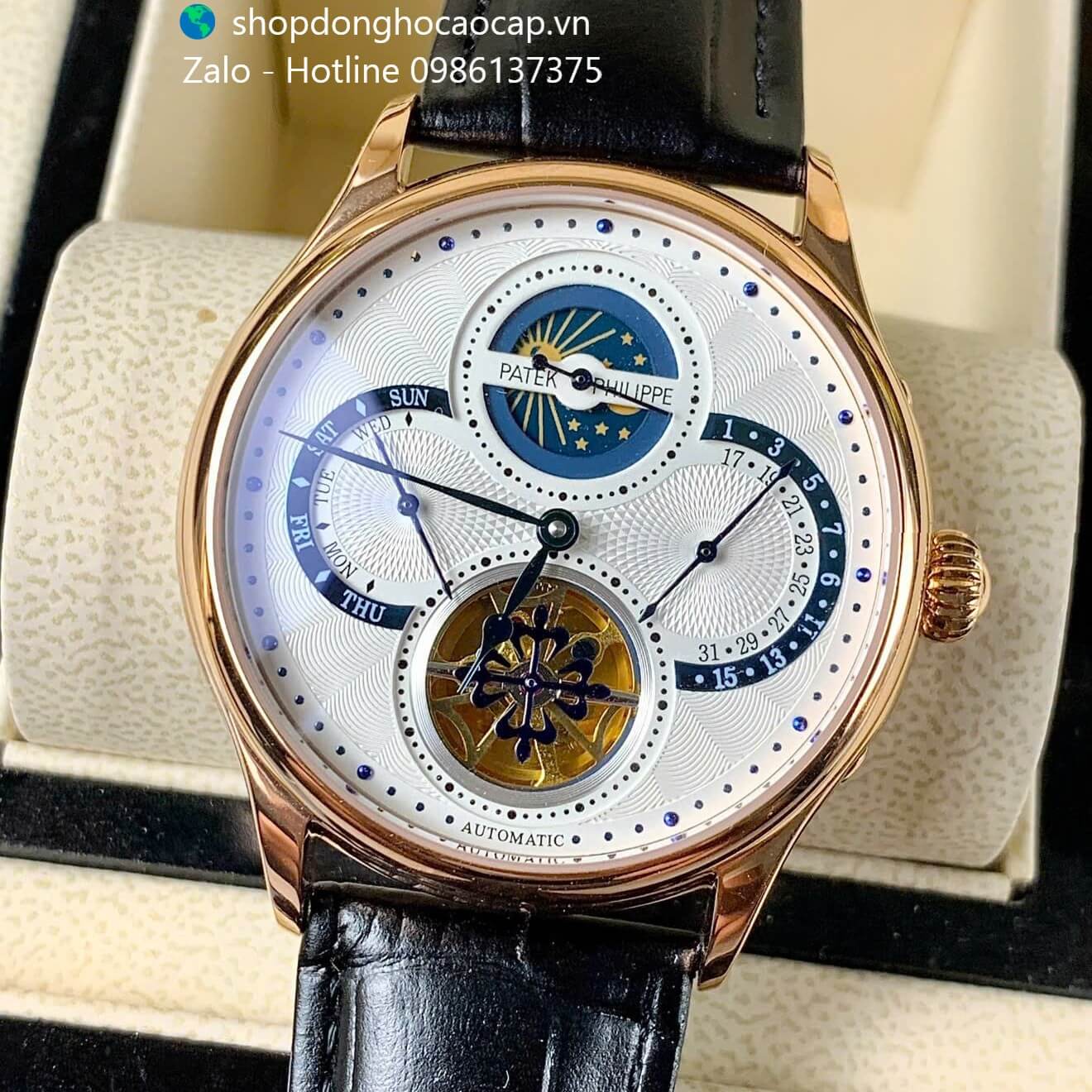 Đồng hồ Patek Philipe Moonphase dây da đen - Đồng hồ Patek Philipe nam tự động size 41mm