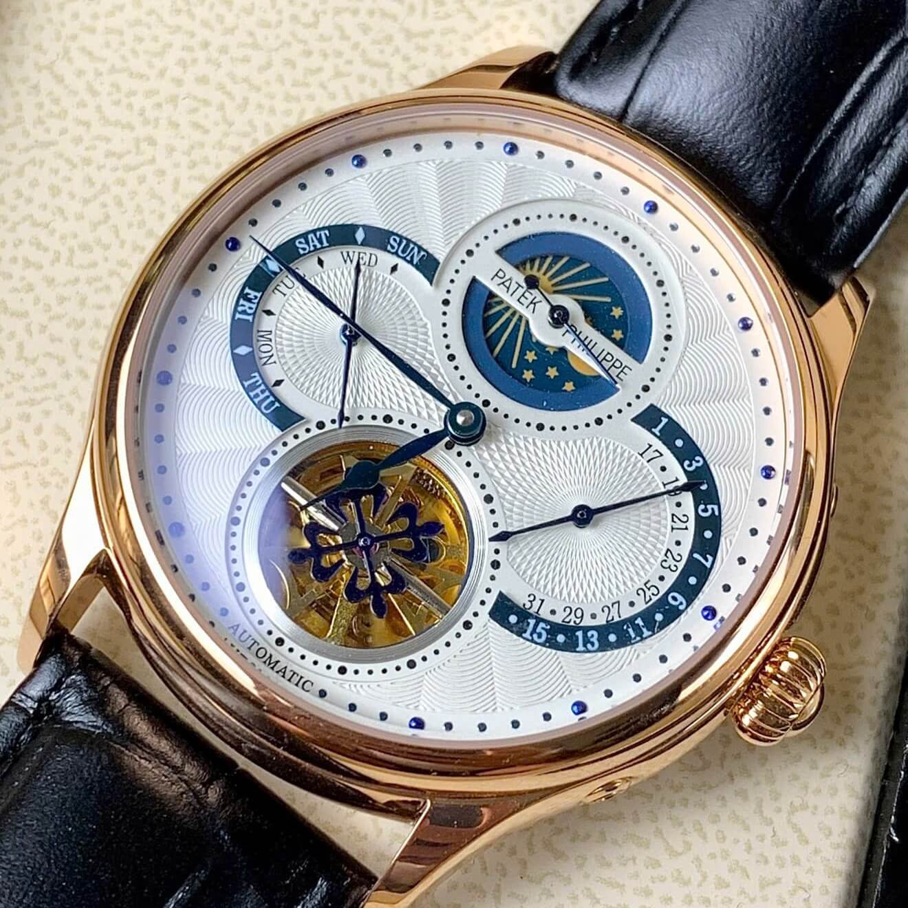 Đồng hồ Patek Philipe Moonphase dây da đen - Đồng hồ Patek Philipe nam tự động size 41mm