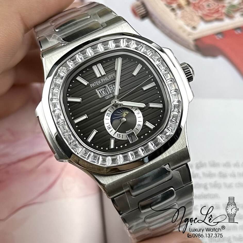 Đồng Hồ Patek Philippe Nam Máy Cơ Tự Động Dây Inox Silver Mặt Đen 42mm