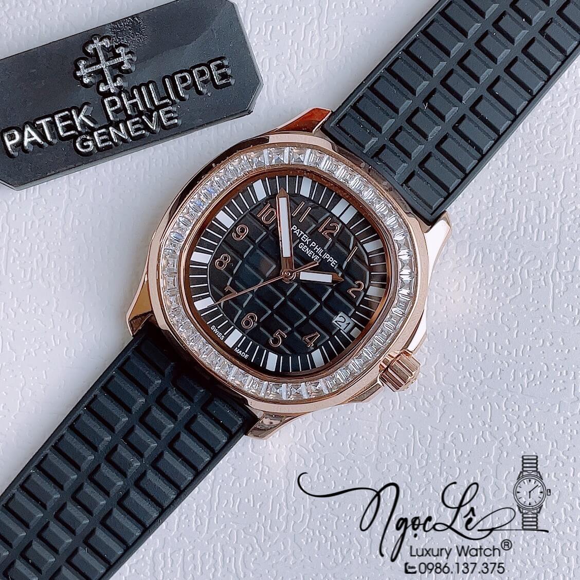 Đồng Hồ Patek Philippe Aquanaut Nữ Dây Cao Su Đen Đính Đá Rose Máy Pin Size 35mm
