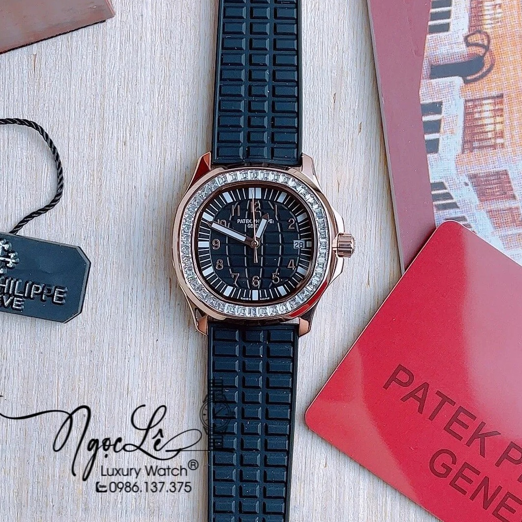Đồng Hồ Patek Philippe Aquanaut Nữ Dây Cao Su Đen Đính Đá Rose Máy Pin Size 35mm