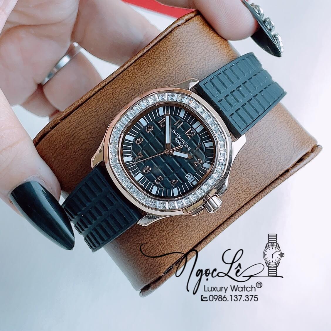 Đồng Hồ Patek Philippe Aquanaut Nữ Dây Cao Su Đen Đính Đá Rose Máy Pin Size 35mm