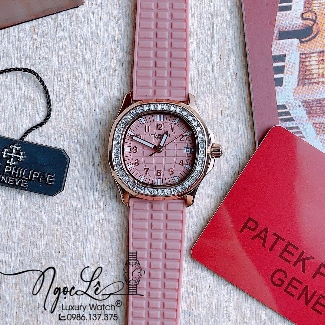 Đồng Hồ Patek Philippe Aquanaut Nữ Dây Cao Su Hồng Đính Đá Rose Máy Pin Size 35mm