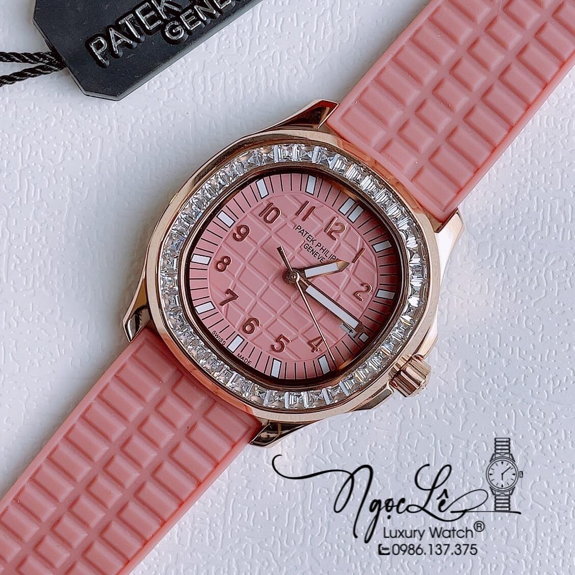 Đồng Hồ Patek Philippe Aquanaut Nữ Dây Cao Su Hồng Đính Đá Rose Máy Pin Size 35mm