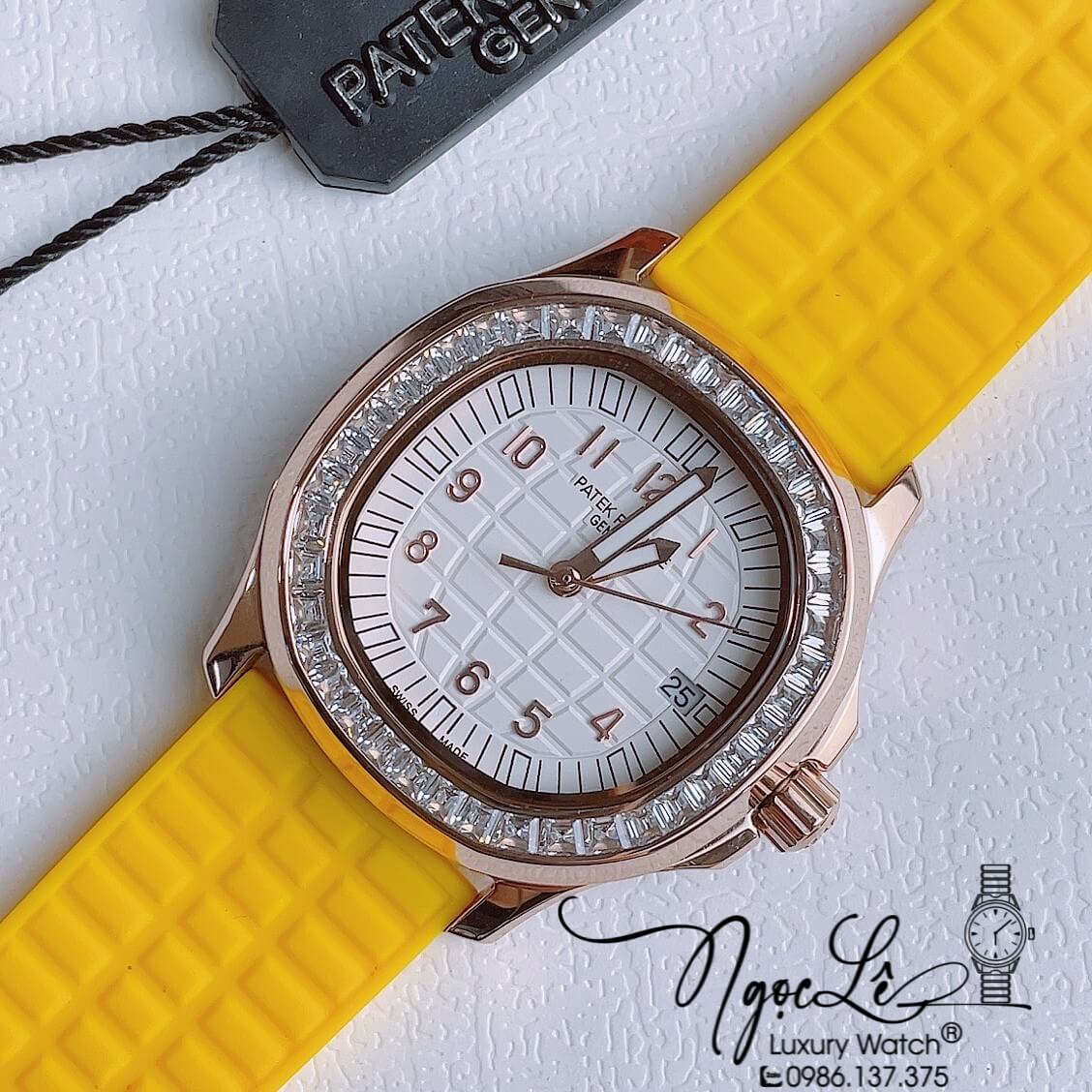 Đồng Hồ Patek Philippe Aquanaut Nữ Dây Cao Su Vàng Mặt Trắng Đính Đá Rose Máy Pin Size 35mm