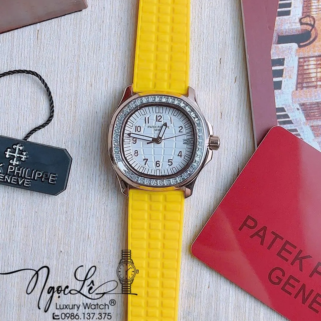 Đồng Hồ Patek Philippe Aquanaut Nữ Dây Cao Su Vàng Mặt Trắng Đính Đá Rose Máy Pin Size 35mm