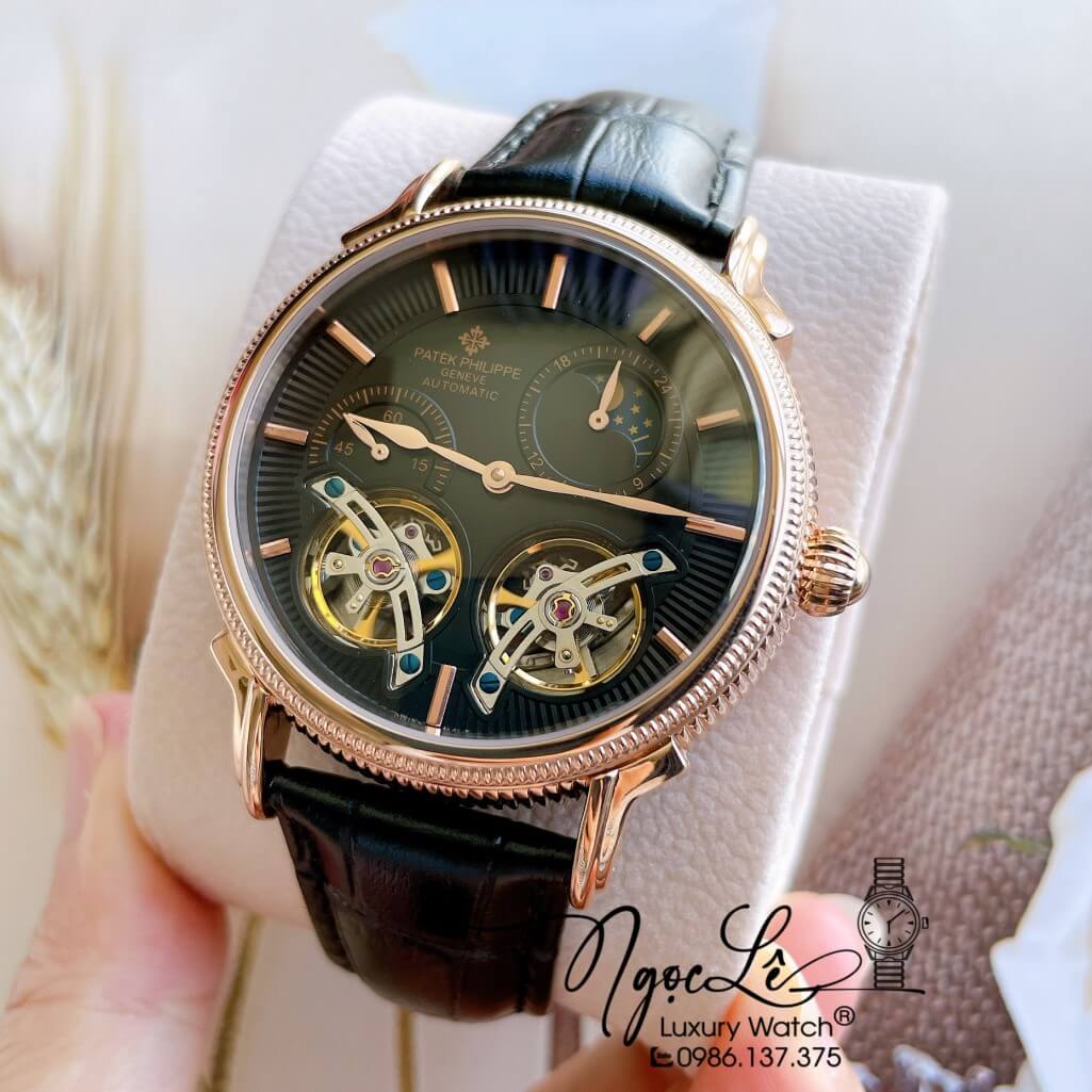 Đồng Hồ Patek Philippe Tự Động Cho Nam Dây Da Màu Đen Vỏ Rose Size 42mm