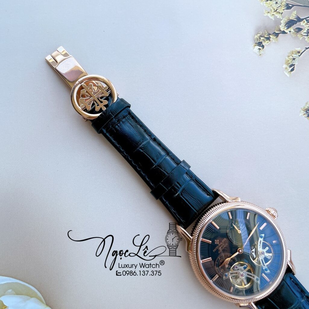 Đồng Hồ Patek Philippe Tự Động Cho Nam Dây Da Màu Đen Vỏ Rose Size 42mm