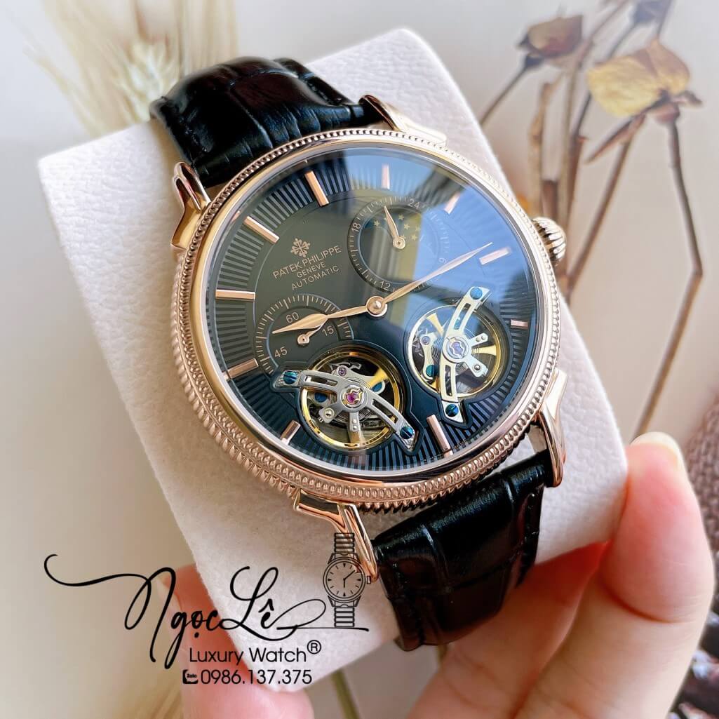 Đồng Hồ Patek Philippe Tự Động Cho Nam Dây Da Màu Đen Vỏ Rose Size 42mm