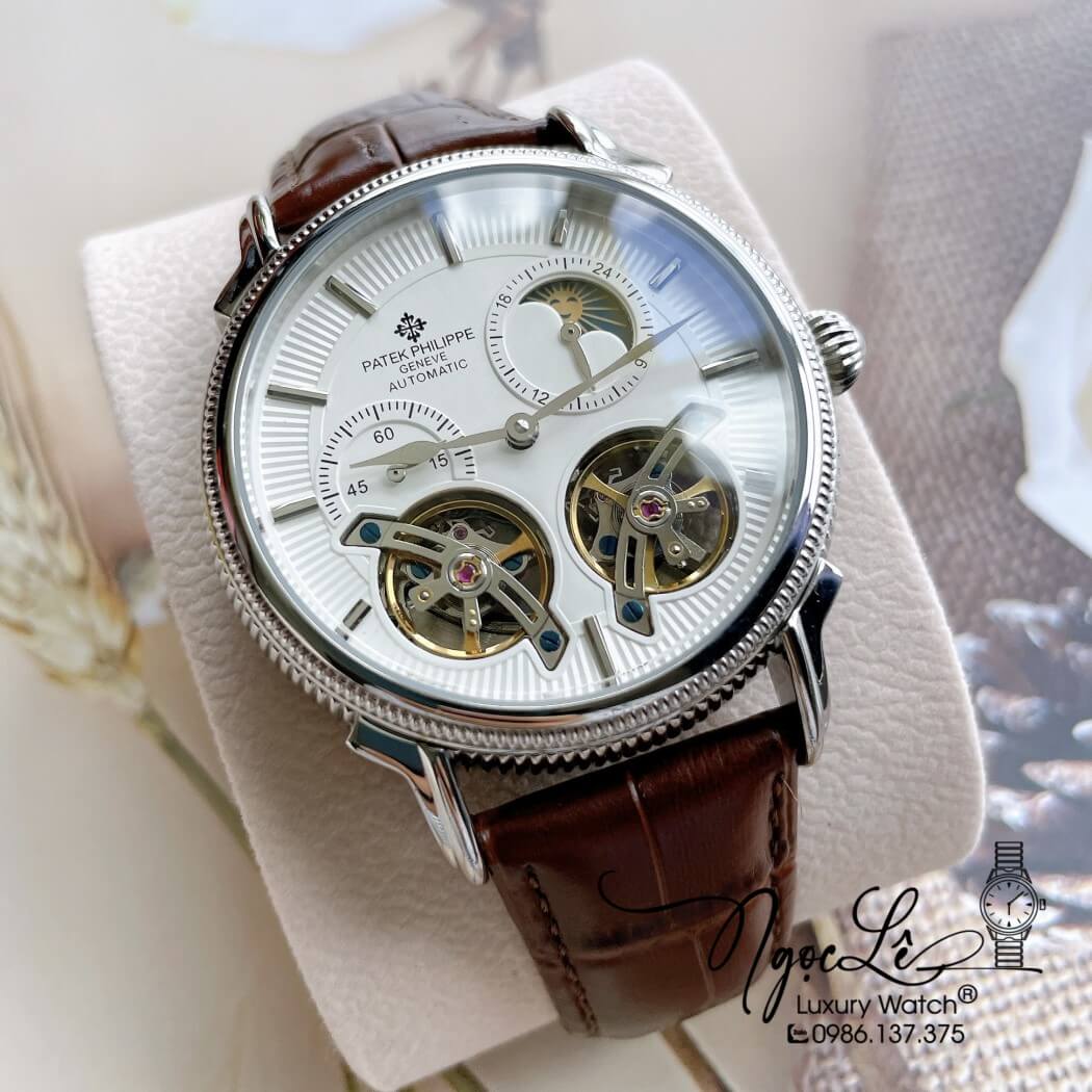 Đồng Hồ Patek Philippe Tự Động Cho Nam Dây Da Màu Nâu Vỏ Bạc Size 42mm