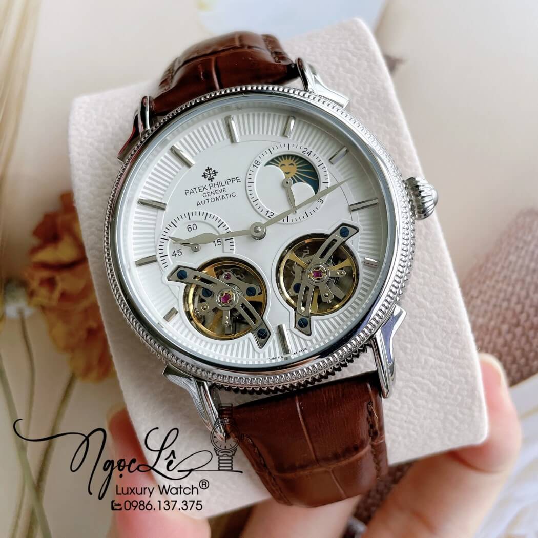 Đồng Hồ Patek Philippe Tự Động Cho Nam Dây Da Màu Nâu Vỏ Bạc Size 42mm