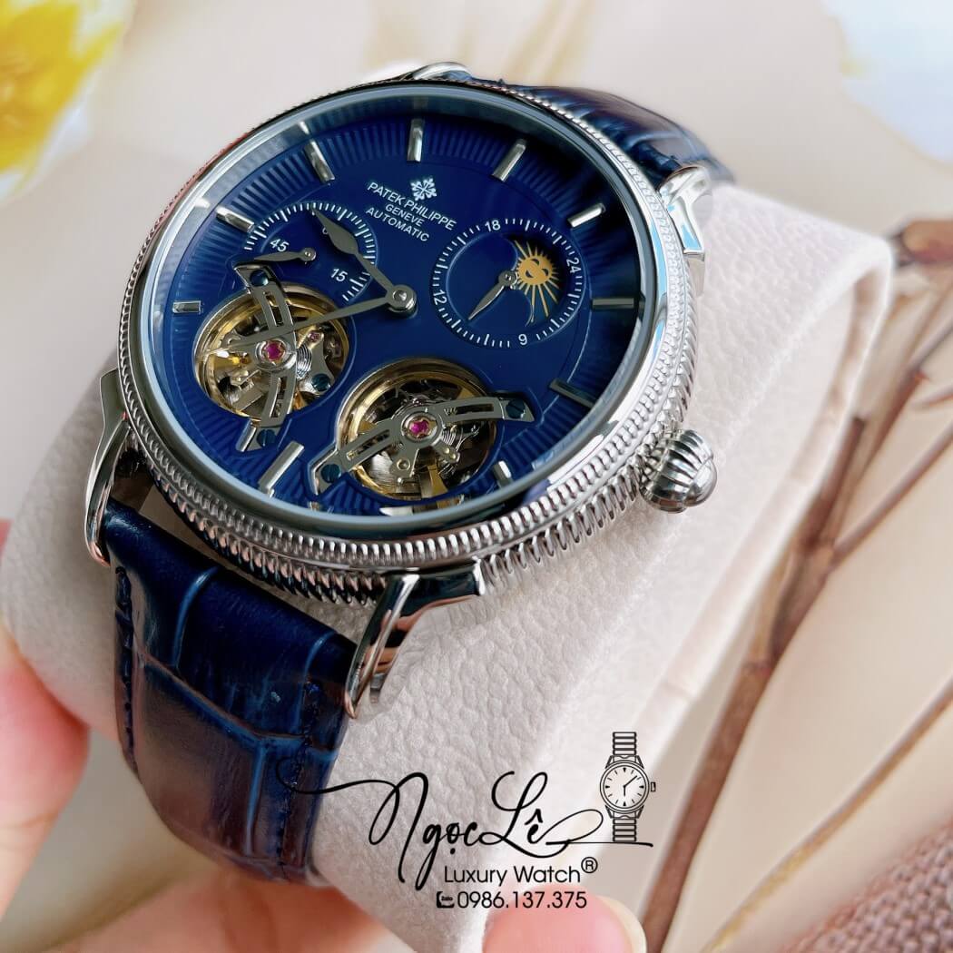 Đồng Hồ Nam Patek Philippe Tự Động Dây Da Xanh Đậm Vỏ Bạc Size 42mm