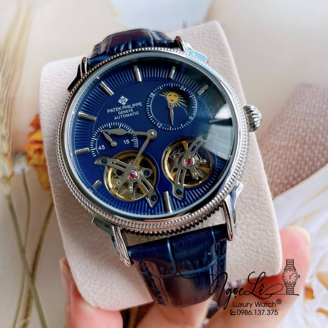 Đồng Hồ Nam Patek Philippe Tự Động Dây Da Xanh Đậm Vỏ Bạc Size 42mm