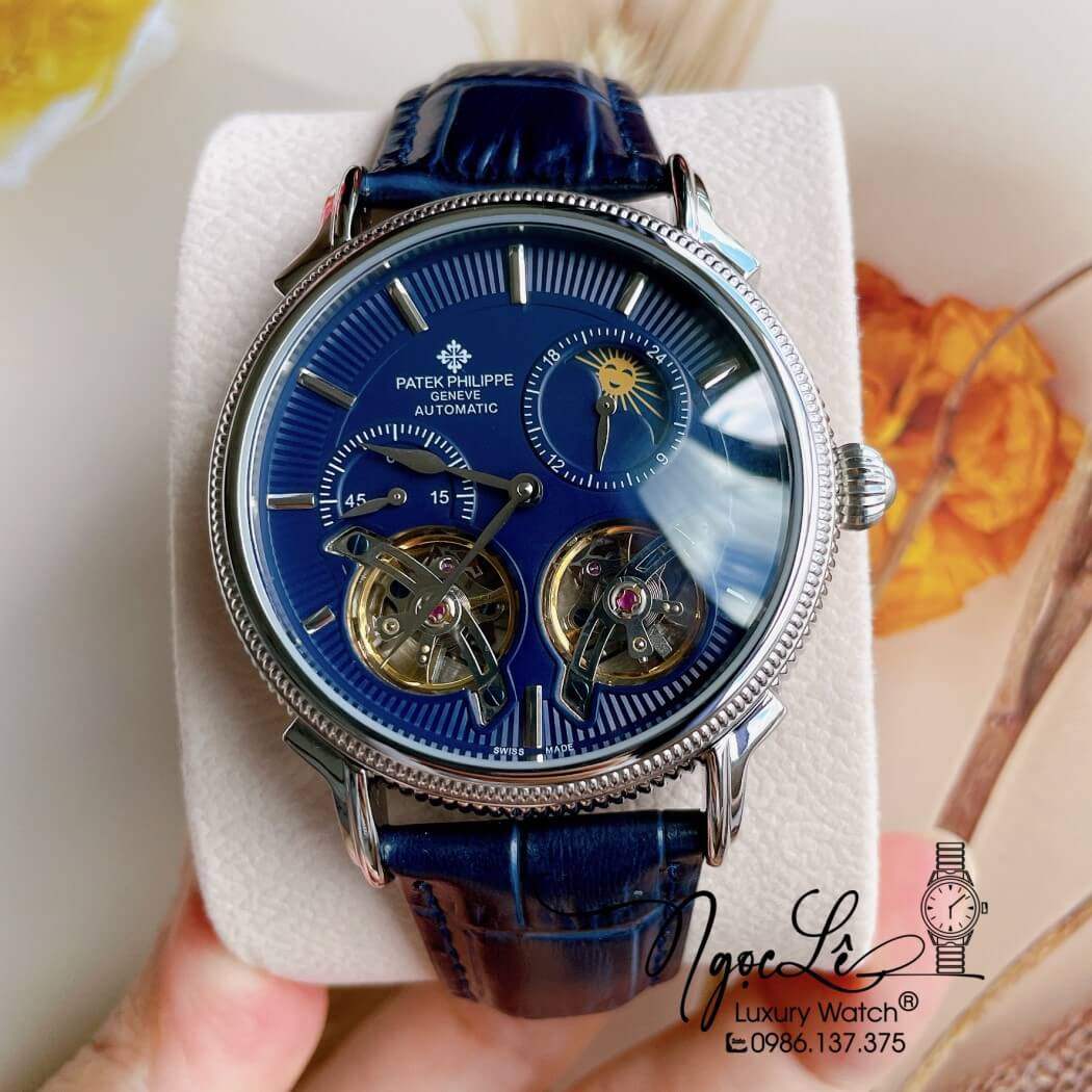 Đồng Hồ Nam Patek Philippe Tự Động Dây Da Xanh Đậm Vỏ Bạc Size 42mm