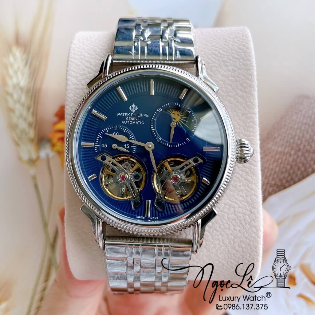 Đồng Hồ Patek Philippe Tự Động Nam Dây Kim Loại Bạc Mặt Xanh Size 42mm