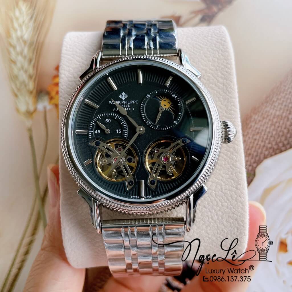 Đồng Hồ Patek Philippe Tự Động Nam Dây Kim Loại Bạc Mặt Đen Size 42mm