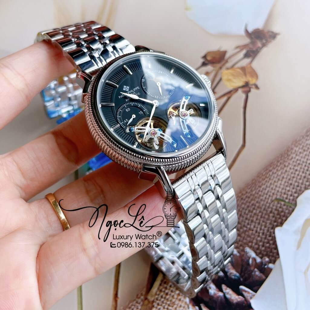 Đồng Hồ Patek Philippe Tự Động Nam Dây Kim Loại Bạc Mặt Đen Size 42mm