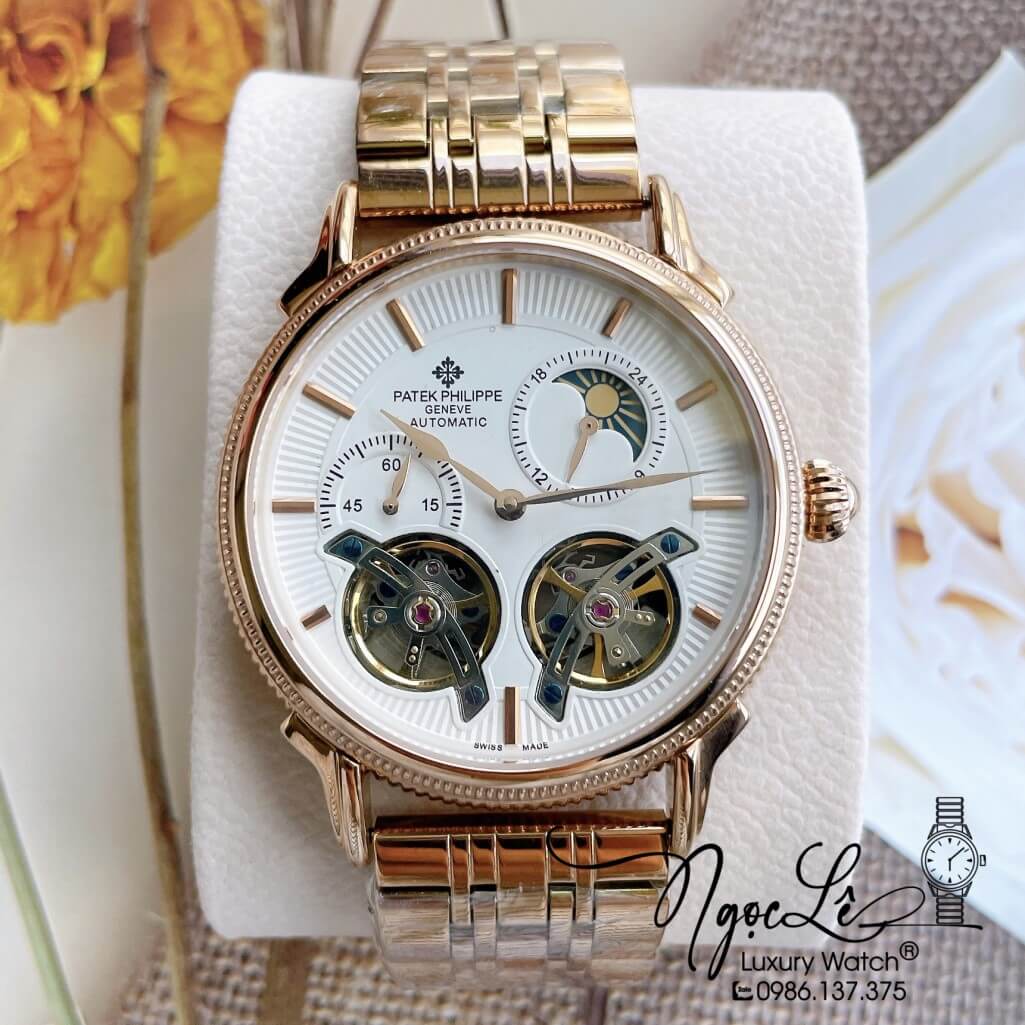 Đồng Hồ Patek Philippe Tự Động Nam Dây Kim Loại Rose Mặt Trắng Size 42mm