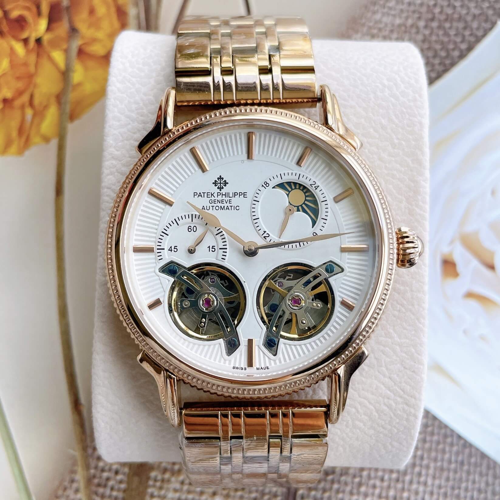 Đồng Hồ Patek Philippe Tự Động Nam Dây Kim Loại Rose Mặt Trắng Size 42mm