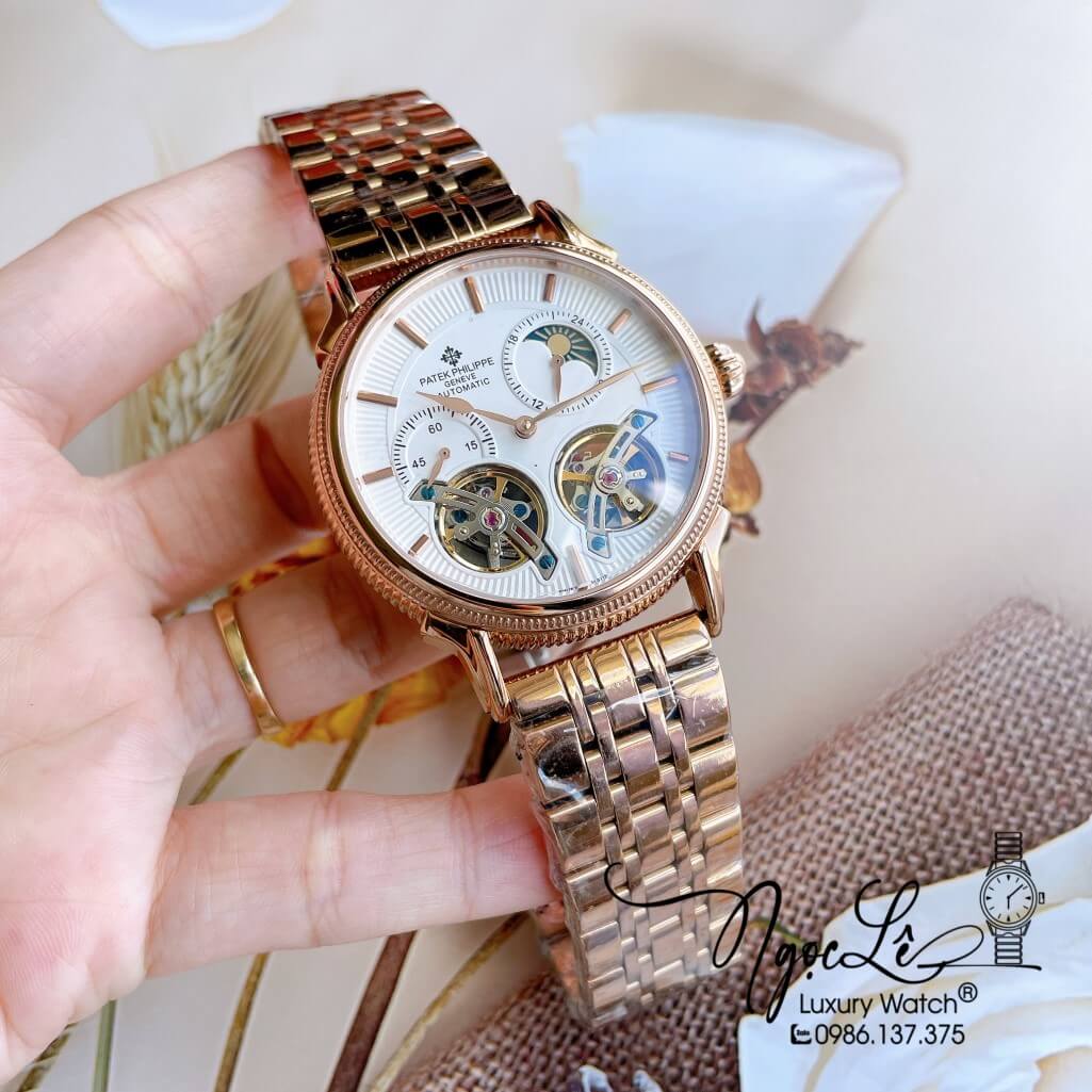 Đồng Hồ Patek Philippe Tự Động Nam Dây Kim Loại Rose Mặt Trắng Size 42mm