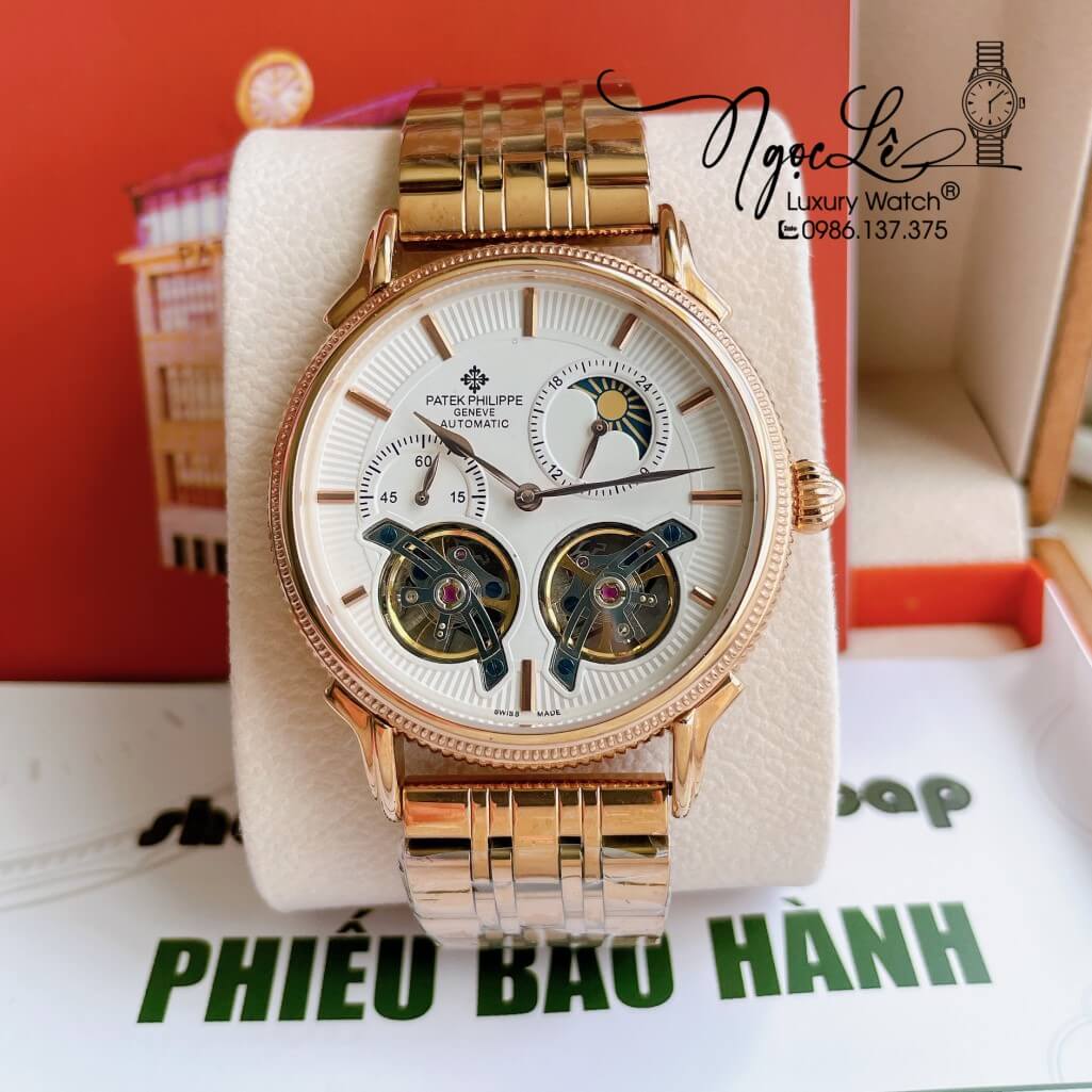 Đồng Hồ Patek Philippe Tự Động Nam Dây Kim Loại Rose Mặt Trắng Size 42mm