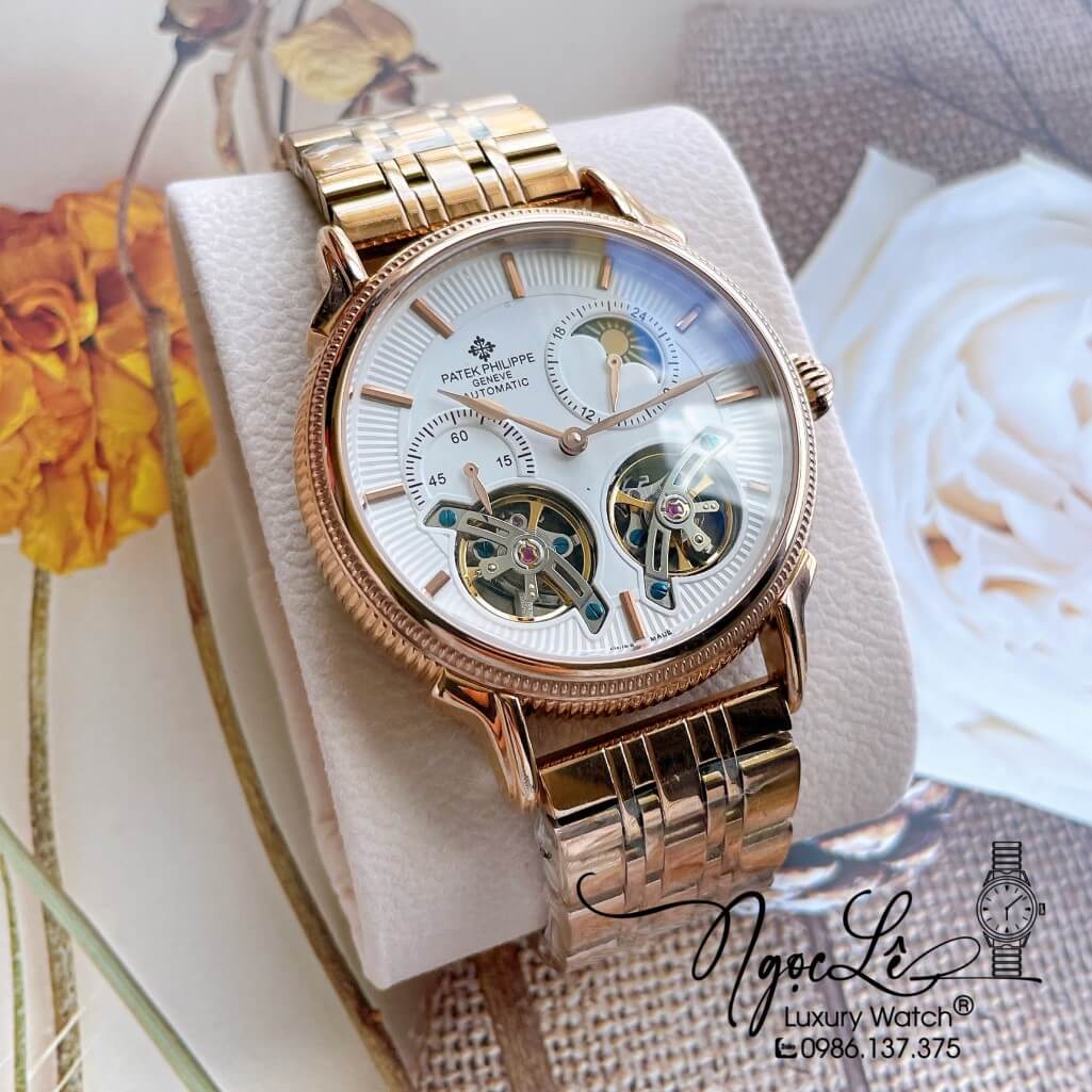 Đồng Hồ Patek Philippe Tự Động Nam Dây Kim Loại Rose Mặt Trắng Size 42mm