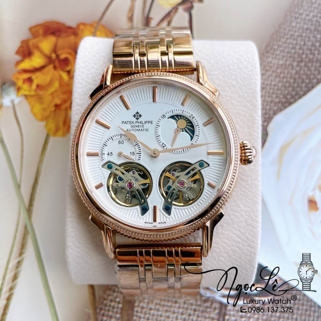 Đồng Hồ Patek Philippe Tự Động Nam Dây Kim Loại Rose Mặt Trắng Size 42mm