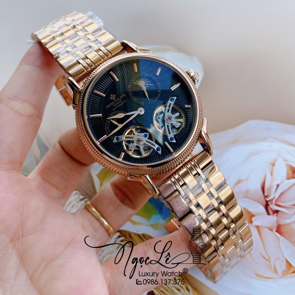 Đồng Hồ Patek Philippe Tự Động Nam Dây Kim Loại Rose Mặt Đen Size 42mm