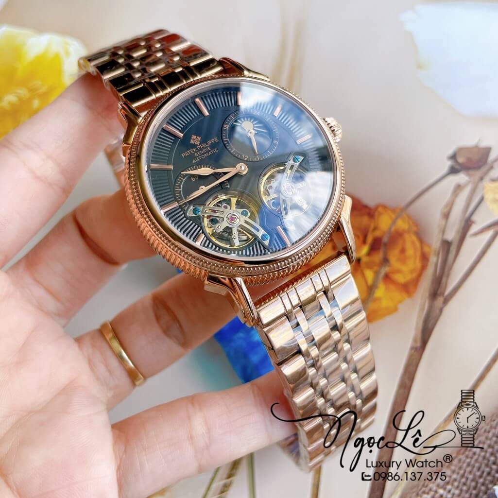 Đồng Hồ Patek Philippe Tự Động Nam Dây Kim Loại Rose Mặt Đen Size 42mm