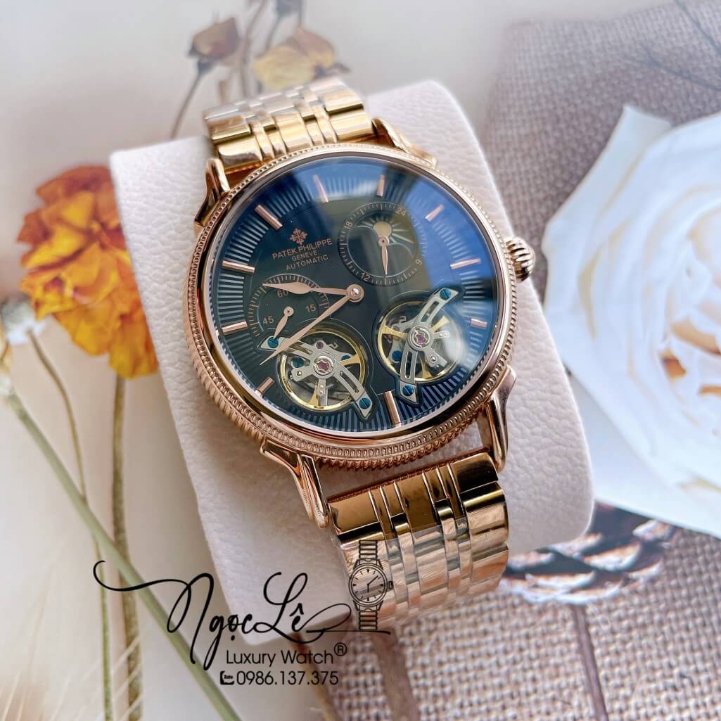 Đồng Hồ Patek Philippe Tự Động Nam Dây Kim Loại Rose Mặt Đen Size 42mm